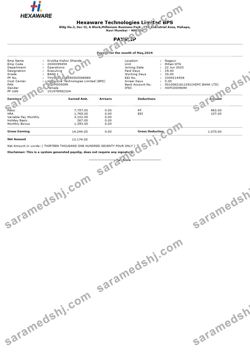 Hexaware Technologies payslip template in Word and PDF formats.pdf, 1